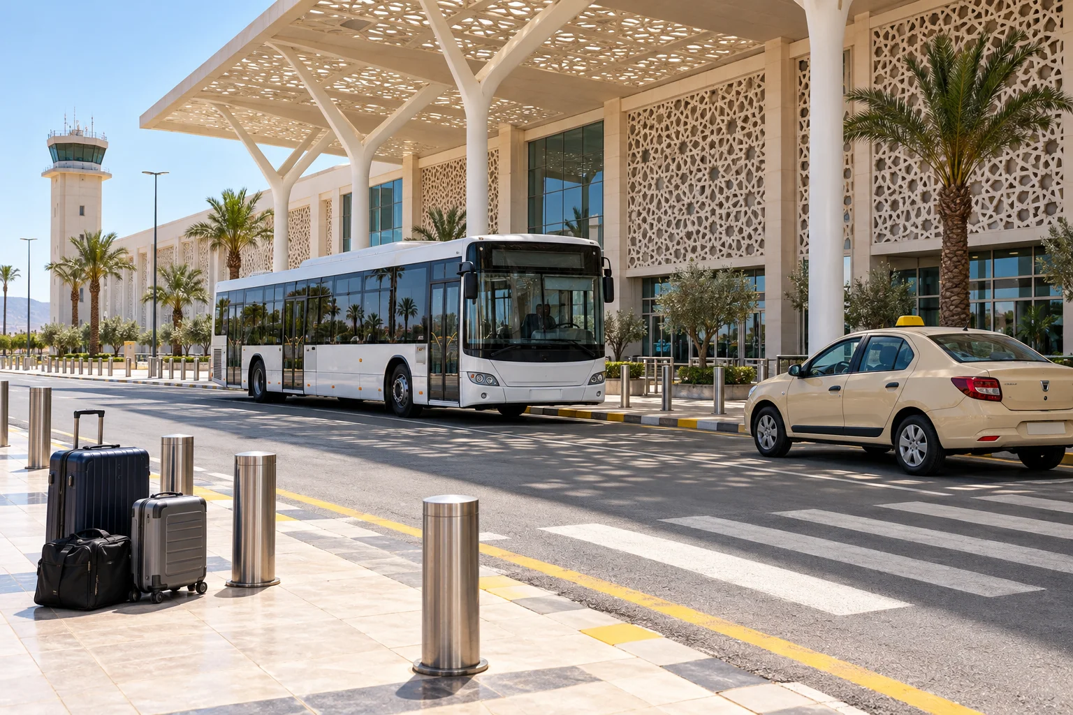 Airport bus and taxi transport options outside Fes-Saïss Airport in Morocco. fes airport to city